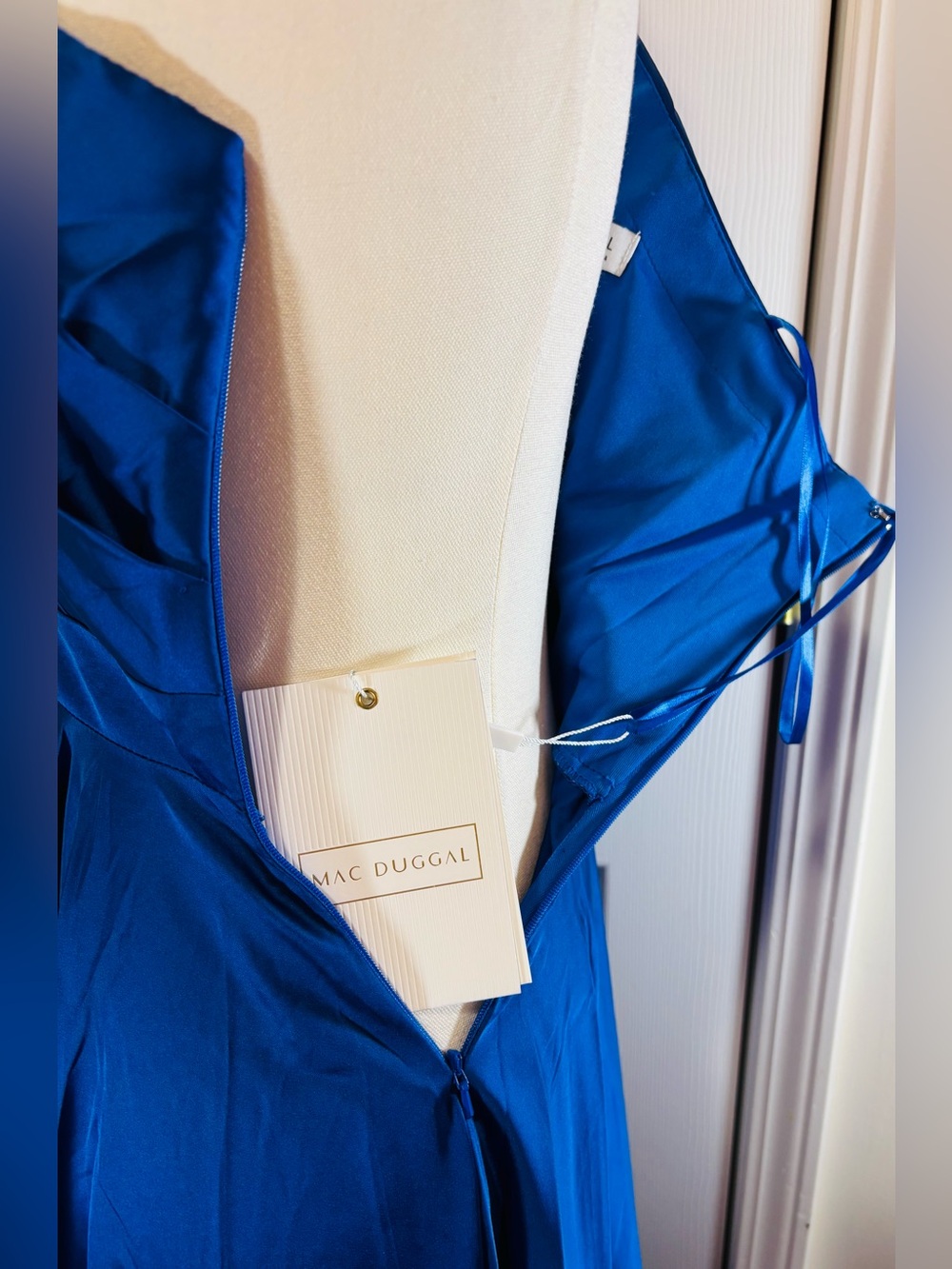 Mac Duggal One-Shoulder Cobalt Blue High-Low Satin Gown - Picture 5 of 10